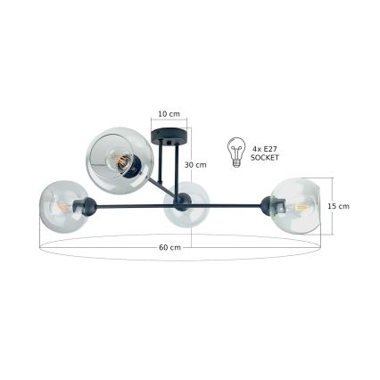 Pendelkrona VASCO 4xE27/60W/230V svart/genomskinlig