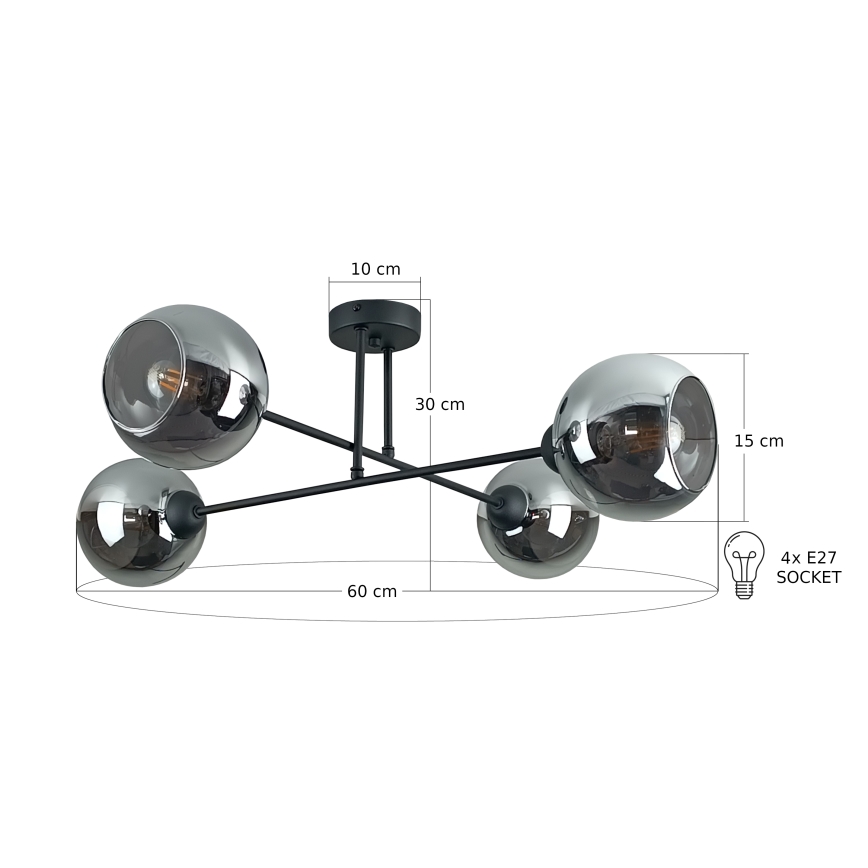 Pendelkrona VASCO 4xE27/60W/230V svart/rökig svart