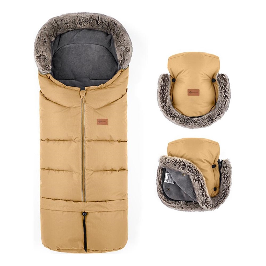 PETITE&MARS - KIT Baby åkpåse 4i1 ARCTIC + handmuff för barnvagn FURRY Elegant Caramel
