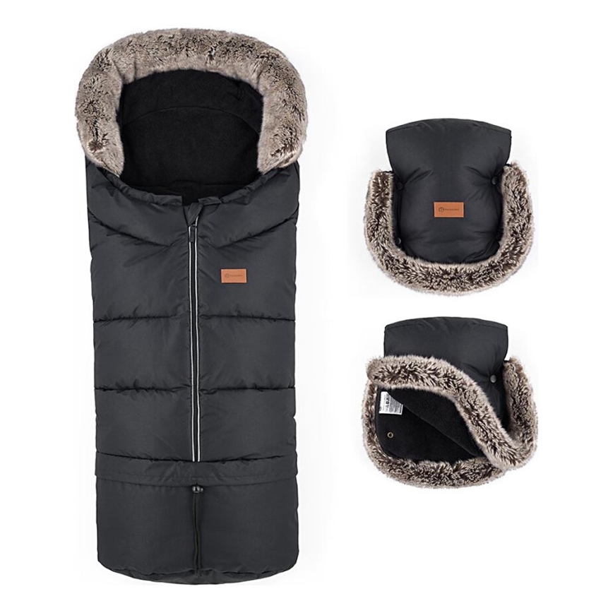 PETITE&MARS - KIT Baby åkpåse 4i1 ARCTIC + handmuff för barnvagn FURRY Forever Black