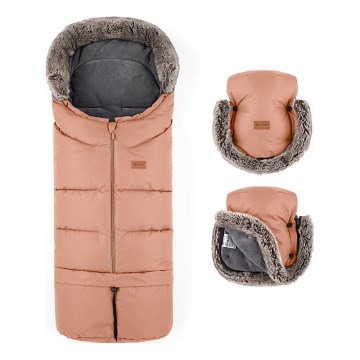 PETITE&MARS - KIT Baby åkpåse 4i1 ARCTIC + handmuff för barnvagn FURRY Pastel Peach