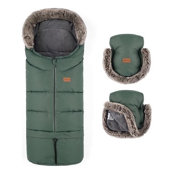 PETITE&MARS - KIT Baby åkpåse 4i1 ARCTIC + handmuff för barnvagn FURRY Veritable Khaki