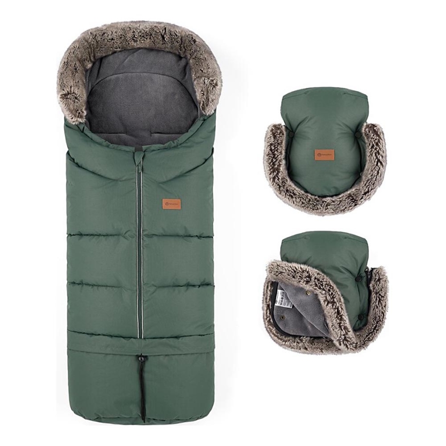 PETITE&MARS - KIT Baby åkpåse 4i1 ARCTIC + handmuff för barnvagn FURRY Veritable Khaki