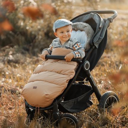 PETITE&MARS - KIT Baby åkpåse 4i1 COMFY + handmuff för barnvagn FURRY Elegant Caramel
