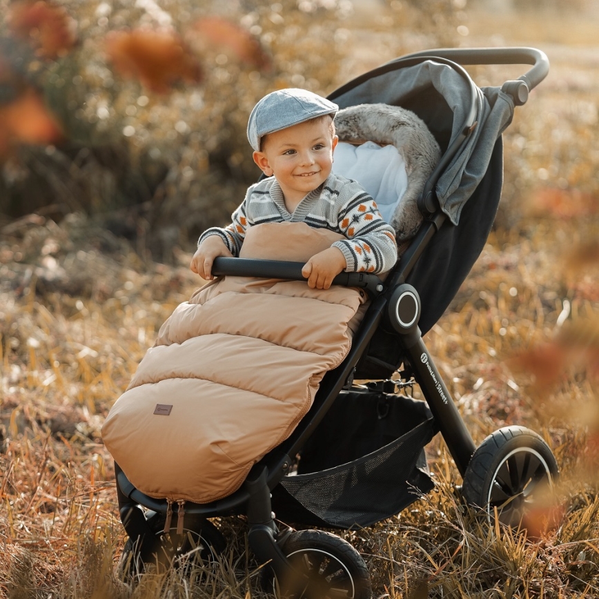 PETITE&MARS - KIT Baby åkpåse 4i1 COMFY + handmuff för barnvagn FURRY Elegant Caramel