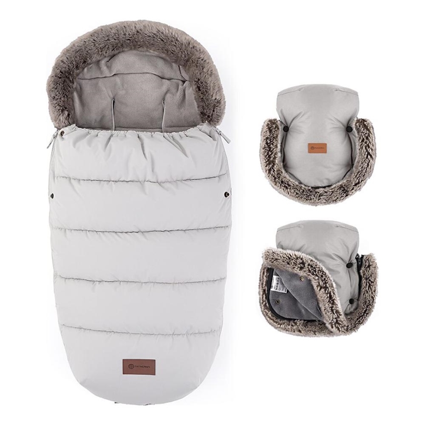 PETITE&MARS - KIT Baby åkpåse 4i1 COMFY + handmuff för barnvagn FURRY Champagne Shower