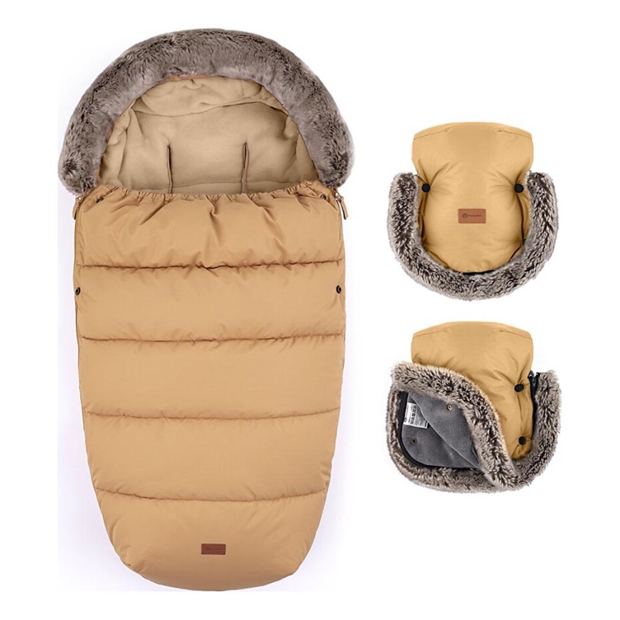 PETITE&MARS - KIT Baby åkpåse 4i1 COMFY + handmuff för barnvagn FURRY Elegant Caramel