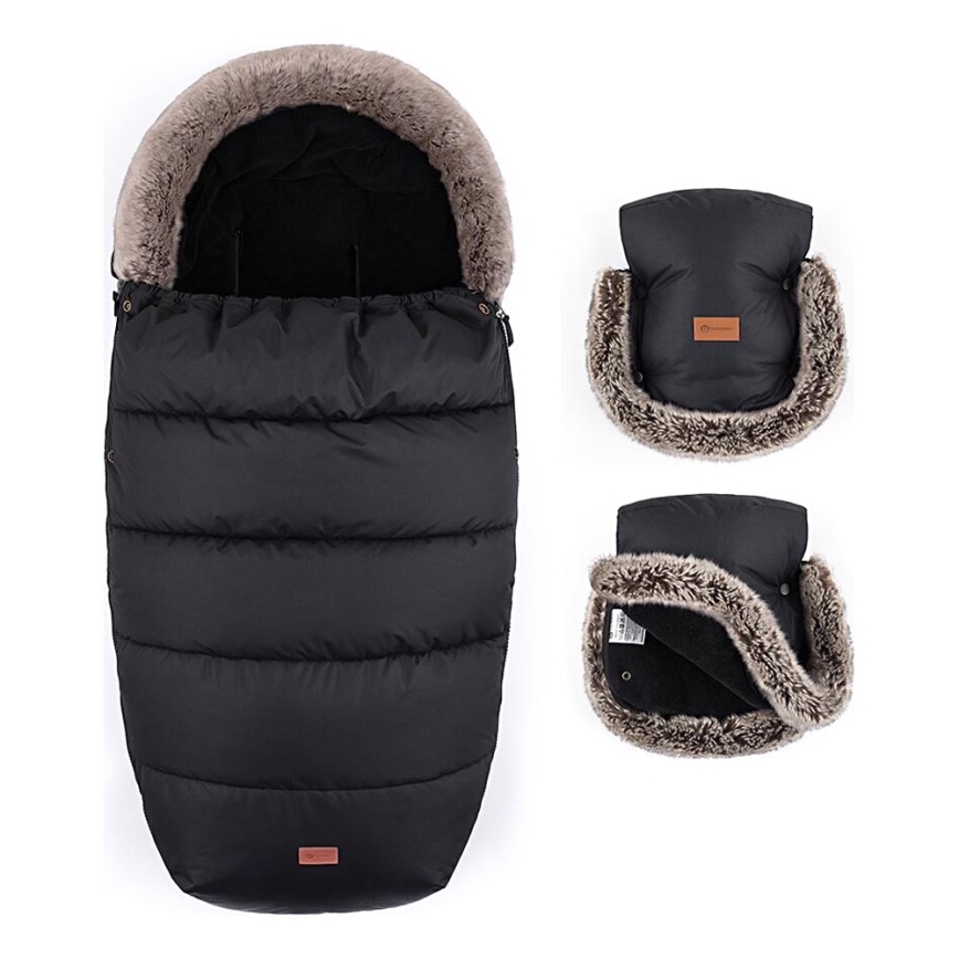 PETITE&MARS - KIT Baby åkpåse 4i1 COMFY + handmuff för barnvagn FURRY Forever Black