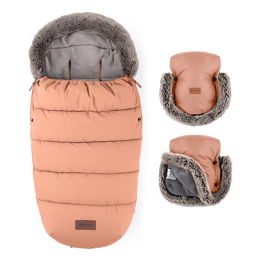 PETITE&MARS - KIT Baby åkpåse 4i1 COMFY + handmuff för barnvagn FURRY Pastel Peach