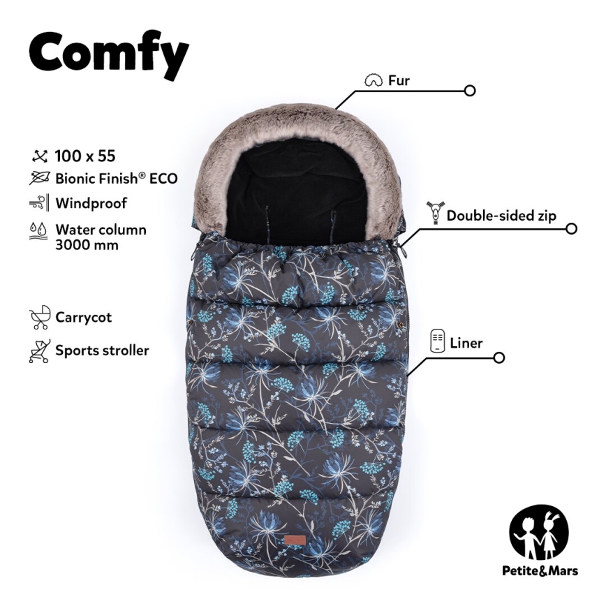 PETITE&MARS - KIT Baby åkpåse 4i1 COMFY + handmuff för barnvagn FURRY Pastel Peach
