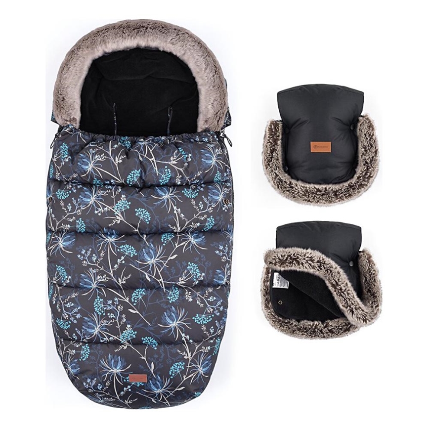PETITE&MARS - KIT Baby åkpåse 4i1 COMFY Stylish Beauty + handmuff för barnvagn FURRY Forever Black