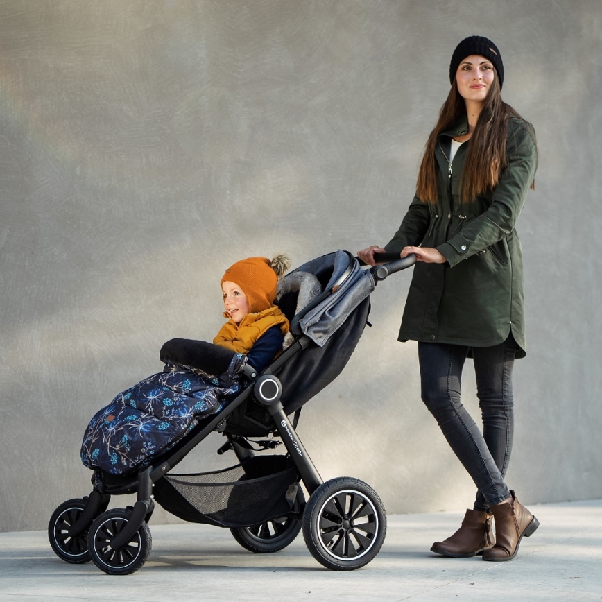 PETITE&MARS - KIT Baby åkpåse 4i1 COMFY Stylish Beauty + handmuff för barnvagn FURRY Forever Black
