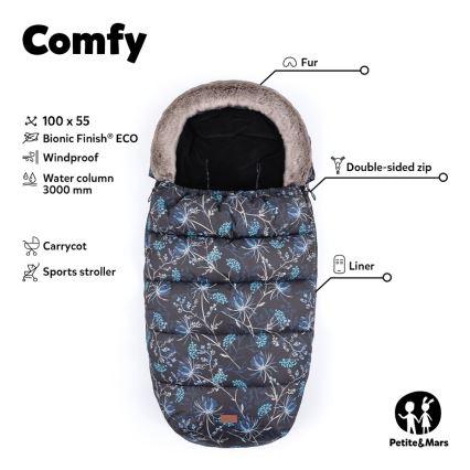 PETITE&MARS - KIT Baby åkpåse 4i1 COMFY Stylish Beauty + handmuff för barnvagn FURRY Forever Black