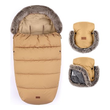 PETITE&MARS - SET Barnåkpåse 4-i-1 COMFY + handvärmare för barnvagn FURRY Elegant Caramel