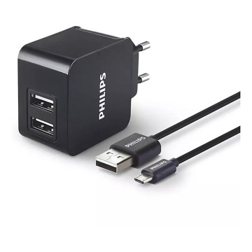 Philips DLP2307U/12 - Laddningsadapter 2xUSB/15,5W/230V + kabel micro USB 1m