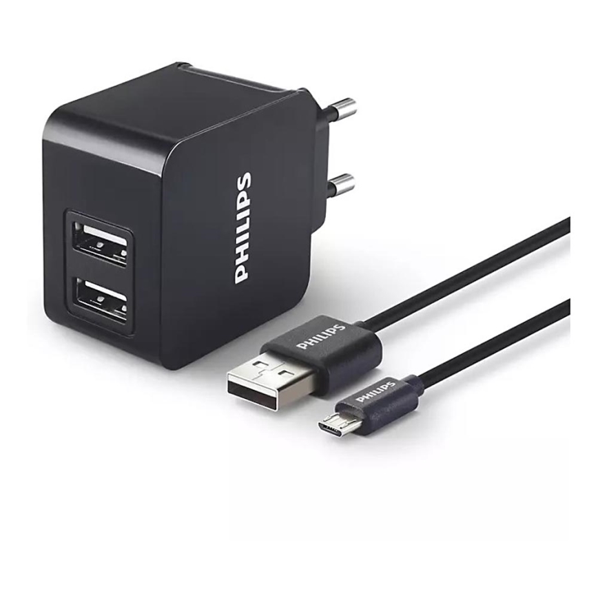 Philips DLP2307U/12 - Laddningsadapter 2xUSB/15,5W/230V + kabel micro USB 1m