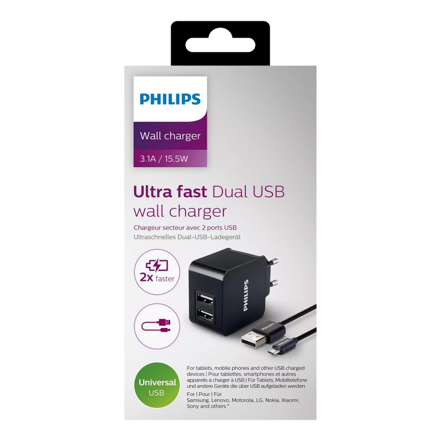 Philips DLP2307U/12 - Laddningsadapter 2xUSB/15,5W/230V + kabel micro USB 1m