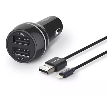 Philips DLP2357V/10 - Billaddare 2xUSB/12V + kabel USB/lightning connector