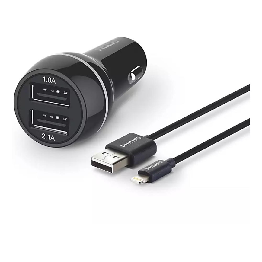 Philips DLP2357V/10 - Billaddare 2xUSB/12V + kabel USB/lightning connector