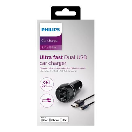 Philips DLP2357V/10 - Billaddare 2xUSB/12V + kabel USB/lightning connector