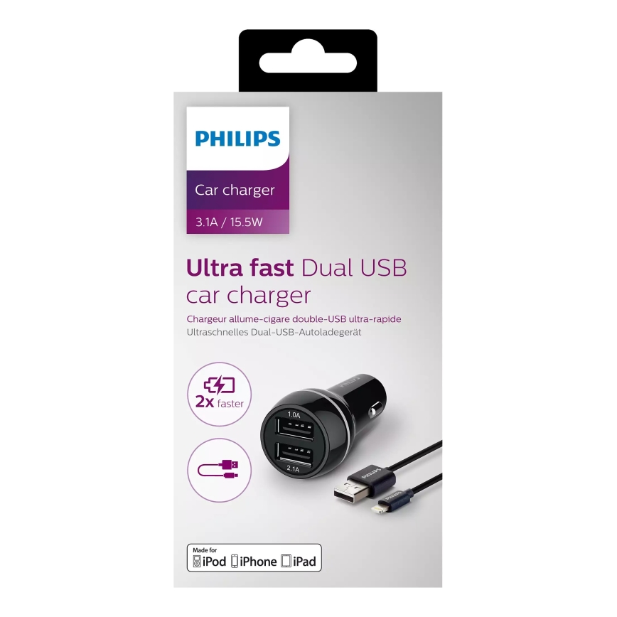 Philips DLP2357V/10 - Billaddare 2xUSB/12V + kabel USB/lightning connector