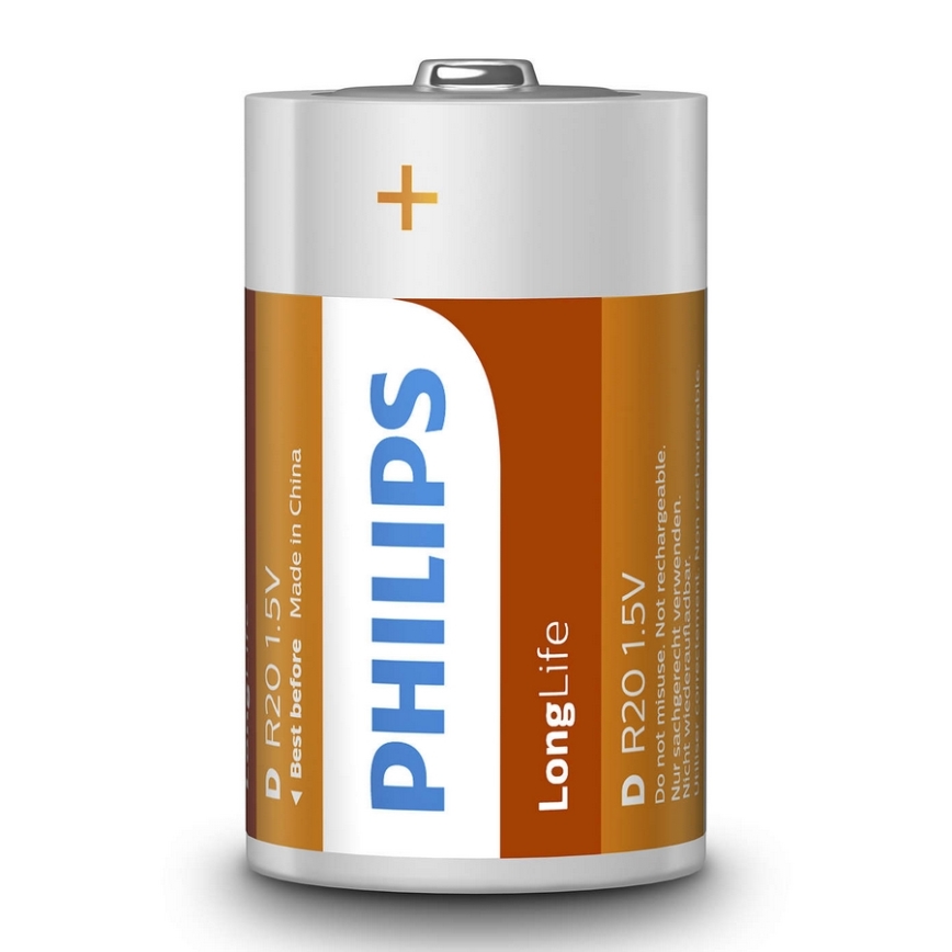 Philips R20L2B/10 - 2 st Zinkklorid Batterier D LONGLIFE 1,5V 5000mAh