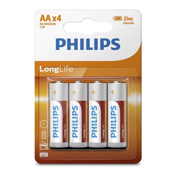 Philips R6L4B/10 - 4 st Zinkklorid Batterier AA LONGLIFE 1,5V 900mAh