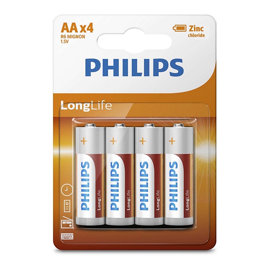 Philips R6L4B/10 - 4 st Zinkklorid Batterier AA LONGLIFE 1,5V 900mAh