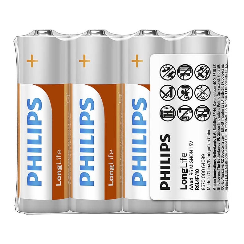 Philips R6L4F/10 - 4 st Zinkklorid Batterier AA LONGLIFE 1,5V 900mAh