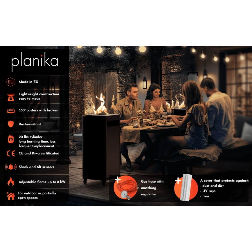 Planika - Utomhus gas eldstad 142x36 cm 8kW grå + skyddande hölje