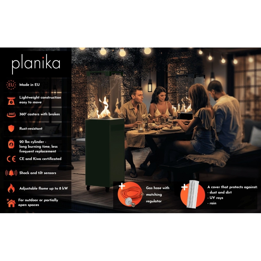Planika - Utomhus gas eldstad 142x36 cm 8kW grön + skyddande hölje
