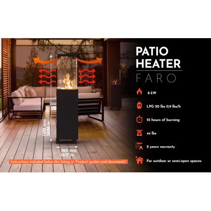 Planika - Utomhus gas eldstad 142x36 cm 8kW 1xAAA svart + skyddande hölje