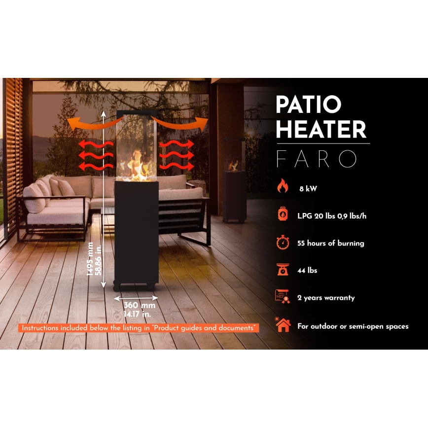 Planika - Utomhus gas eldstad 142x36 cm 8kW 1xAAA svart + skyddande hölje