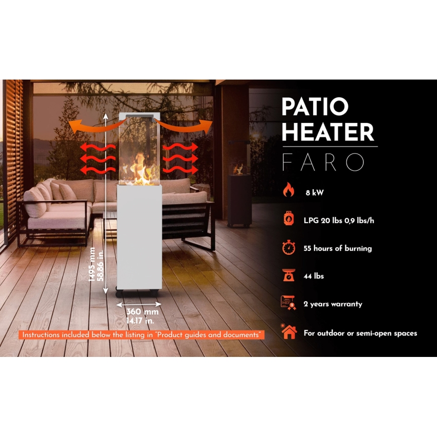 Planika - Utomhus gas eldstad 142x36 cm 8kW vit + skyddande hölje
