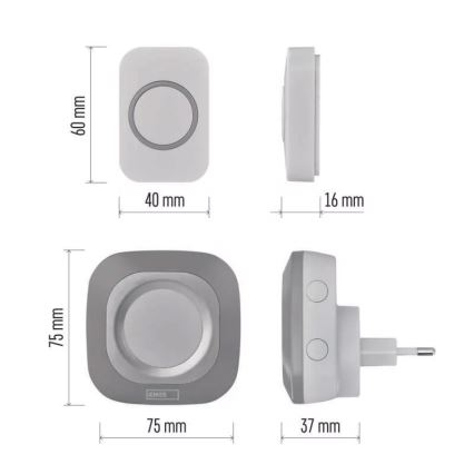 Plugin trådlös dörrklocka 230V + 1xCR2032 IP44 grå
