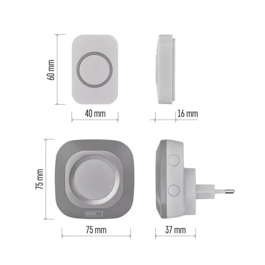 Plugin trådlös dörrklocka 230V + 1xCR2032 IP44 grå