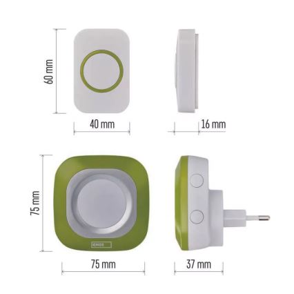 Plugin trådlös dörrklocka 230V + 1xCR2032 IP44 grön