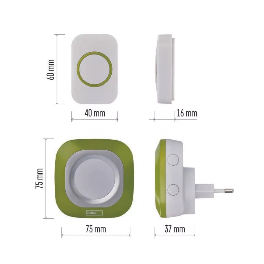 Plugin trådlös dörrklocka 230V + 1xCR2032 IP44 grön