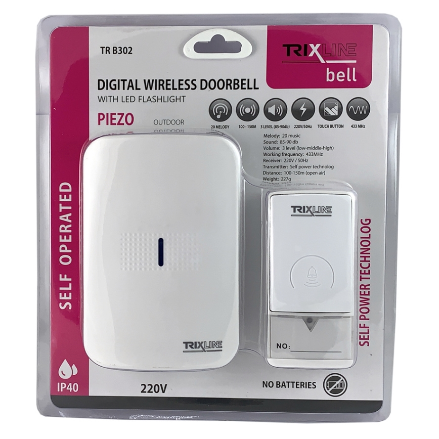 Plugin trådlös dörrklocka PIEZO BELL 230V + 1x23A IP40 vit