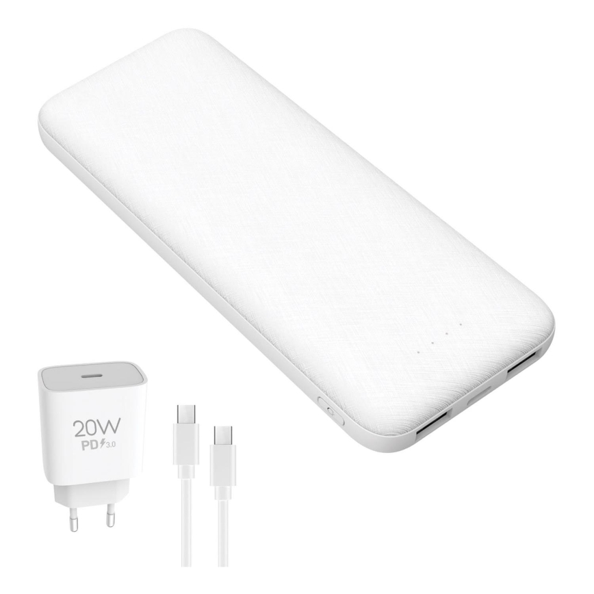 Power bank 10000 mAh + adapter 20W Power Delivery + USB-C/USB-C kabel 1m vit