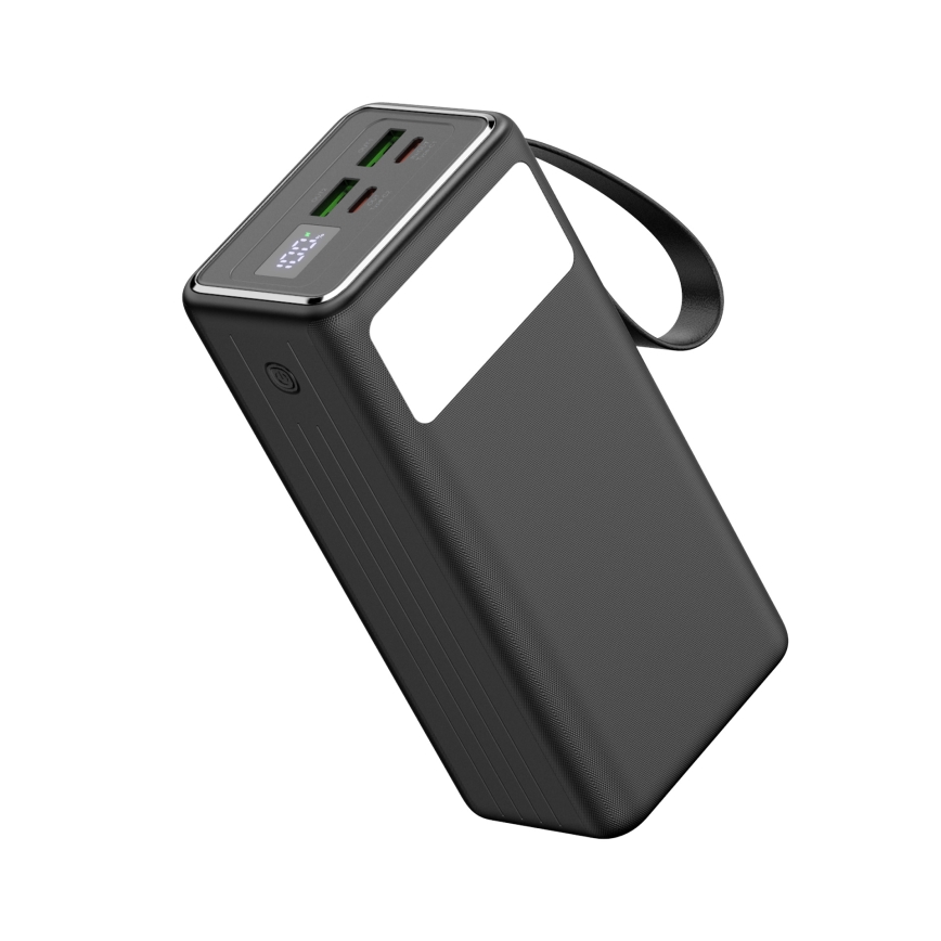 Power bank 40000 mAh 65W Power Delivery 2xUSB-A + 2xUSB-C med LED ficklampa med krok och magnet och USB-C kabel 1m svart