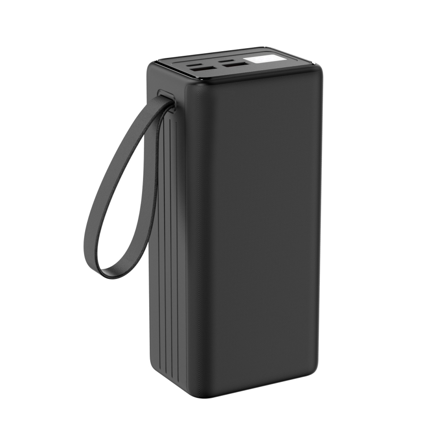 Power bank 40000 mAh 65W Power Delivery 2xUSB-A + 2xUSB-C med LED ficklampa med krok och magnet och USB-C kabel 1m svart
