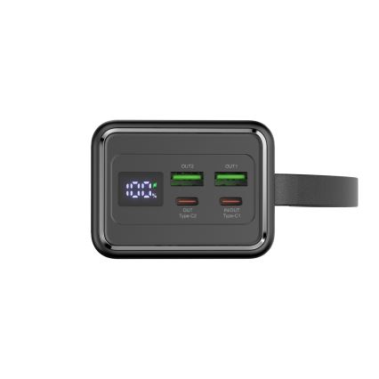 Power bank 40000 mAh 65W Power Delivery 2xUSB-A + 2xUSB-C med LED ficklampa med krok och magnet och USB-C kabel 1m svart