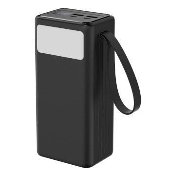 Power bank 40000 mAh 65W Power Delivery 2xUSB-A + 2xUSB-C med LED ficklampa med krok och magnet och USB-C kabel 1m svart