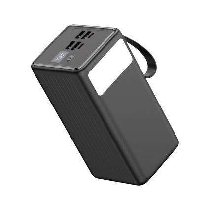 Power bank 60000 mAh 20W Power Delivery 4xUSB-A + 2xUSB-C med LED ficklampa med krok och magnet och USB-C kabel 1m svart