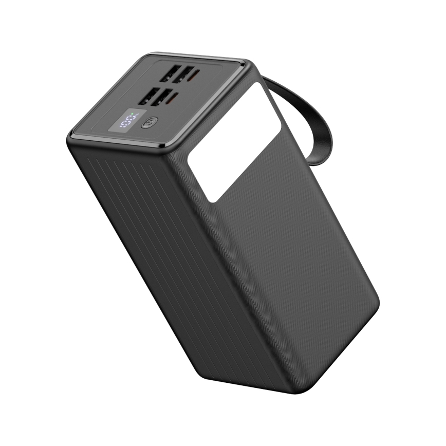 Power bank 60000 mAh 20W Power Delivery 4xUSB-A + 2xUSB-C med LED ficklampa med krok och magnet och USB-C kabel 1m svart