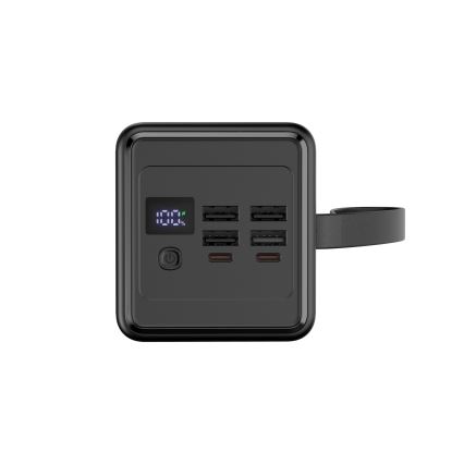 Power bank 60000 mAh 20W Power Delivery 4xUSB-A + 2xUSB-C med LED ficklampa med krok och magnet och USB-C kabel 1m svart