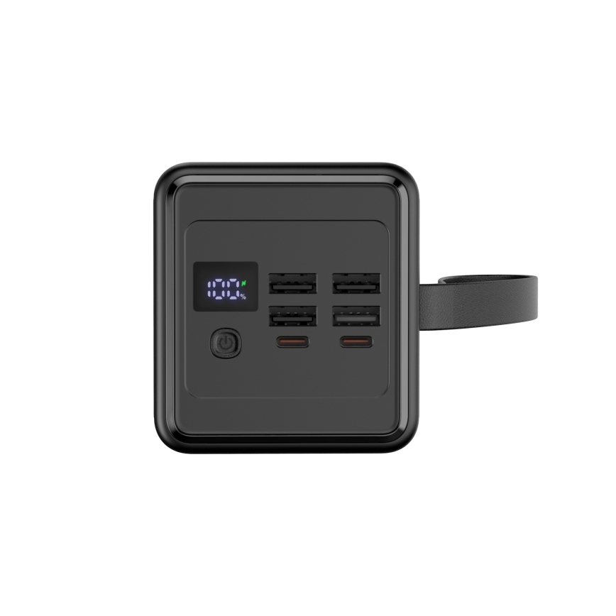 Power bank 60000 mAh 20W Power Delivery 4xUSB-A + 2xUSB-C med LED ficklampa med krok och magnet och USB-C kabel 1m svart