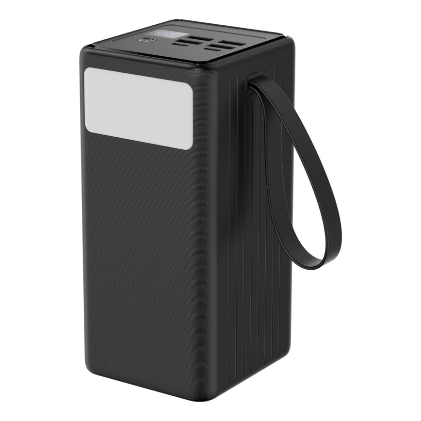 Power bank 60000 mAh 20W Power Delivery 4xUSB-A + 2xUSB-C med LED ficklampa med krok och magnet och USB-C kabel 1m svart
