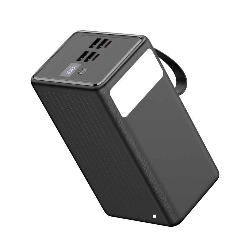 Power bank 70000 mAh 20W Power Delivery 4xUSB-A + 2xUSB-C med LED ficklampa med krok och magnet och USB-C kabel 1m svart
